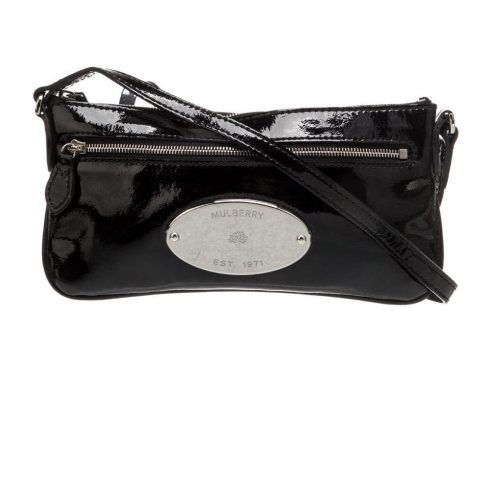 Mulberry Black Patent Crossbody – Plaque Logo, Y2K Clutch, British Designer